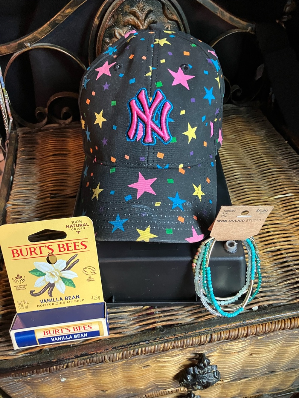 Kids Black Cap with Multicolor Stars & Pink-Blue Logo & FREE lip balm & bracelet